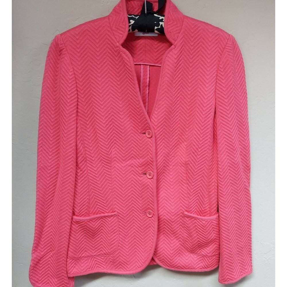 Leggiadro Women Stand Collar Pink Herringbone 3-Button Blazer Lightweight Casual